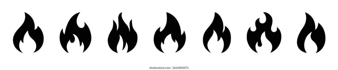 Set of black flame icons in modern silhouette style. Perfect for UI design, warning signs, heating, fire safety, and energy concepts. Includes various flame shapes in vector format. Flame, fire, icon.