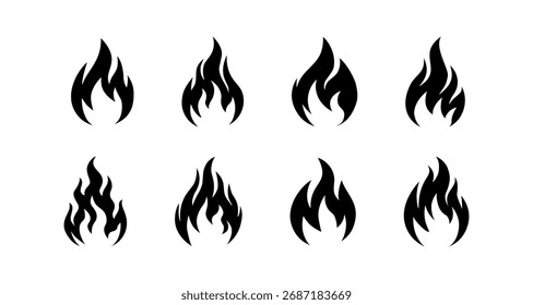 Set of black flame icons on white background