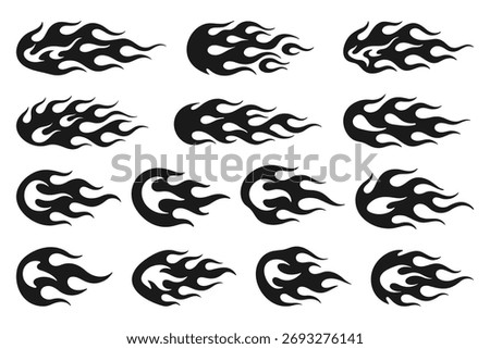 Set of black flame icons in tattoo style. Fire vector symbols for car design, biker logo, or graphic art.