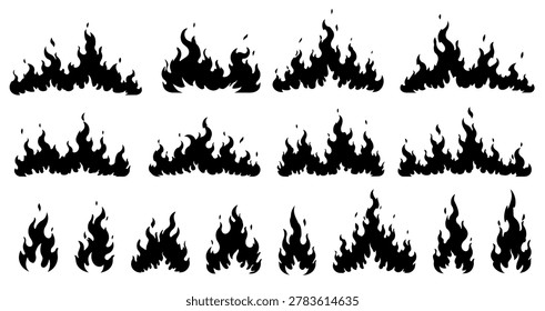 Set of black flame silhouettes on a white background form a repeating, abstract fire pattern with varying heights. Vector illustration