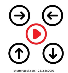 A set of black flat arrow icons enclosed in circular shapes, indicating left, right, up, and downwards directions and movement. Also add in red colour of play button icon.