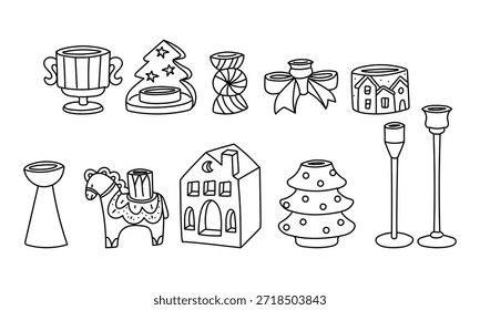 Conjunto de Navidades de contorno plano negro candelabros y Elementos decorativos como casa y caballo. Colección de vacaciones de invierno para colorear páginas, tarjetas de felicitación festivas o Diseño gráfico de temporada