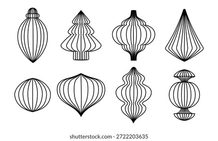 Conjunto de juguetes de árbol de Navidad de papel de contorno plano negro con patrones a rayas. colección de adorno de Festiva para colorear páginas, tarjetas de felicitación festivas, proyectos de manualidades de bricolaje o Diseño gráfico de temporada