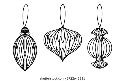 Conjunto de juguetes de árbol de Navidad de papel de contorno plano negro con intrincados patrones de filigrana. colección de adorno de Festiva para colorear páginas, tarjetas de felicitación festivas o materiales de Diseño gráfico de temporada