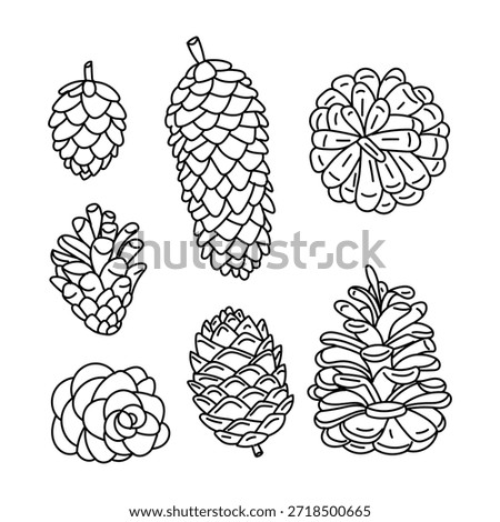 Set of black flat contour pine and spruce cones. Forest collection for coloring pages, seasonal botanical prints, festive Christmas decorations, or nature-themed graphic design materials
