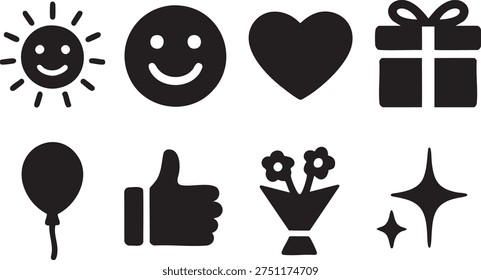 set of black flat emoticon and object icons