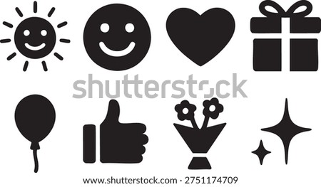 set of black flat emoticon and object icons