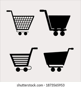 Set aus schwarz-weißem Symbol-Einkaufswagen, Vektorgrafik einzeln auf weißem Hintergrund