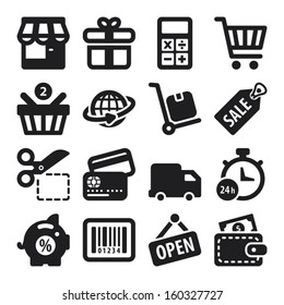 Set of black flat icons about shopping