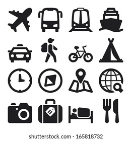 Set of black flat icons about travel