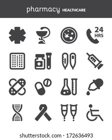 Set of black flat icons about healthcare. Pharmacy