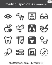 Set of black flat icons about healthcare. Nutrition. Dental. Ophthalmology. Pregnancy