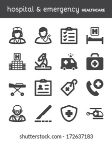 Set of black flat icons about healthcare. Hospital and emergency.