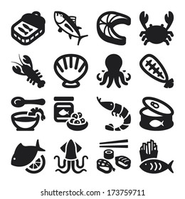 Set of black flat icons about seafood.