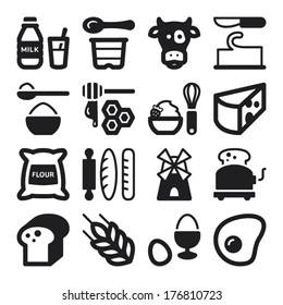 Set of black flat icons about dairy egg bread and sugar