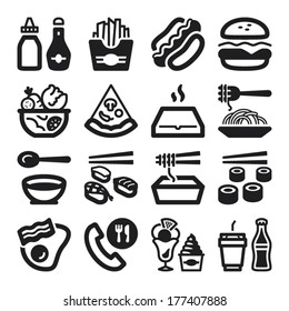 Set of black flat icons about fast food and junk food