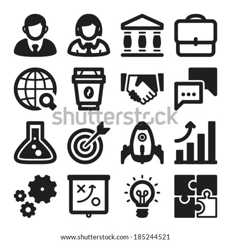 Set of black flat icons about business. Start up