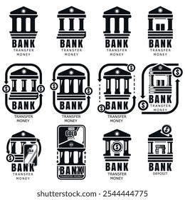 um conjunto de ícones planos pretos do edifício banks. Conceito de depósito e transferência de fundos