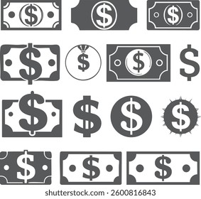 Set of black flat icons depicting money and financial symbols