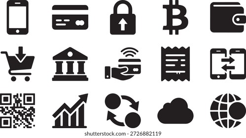 Conjunto de iconos planos negros para finanzas digitales y sistemas de pago móvil.