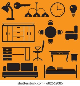 Set of black flat icons of furniture and accompanying items.