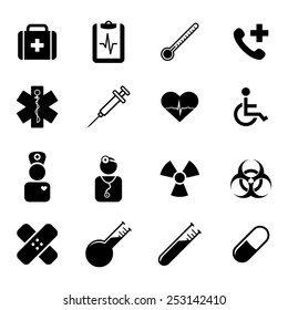 Set of black flat icons - medicine, health, science and healthcare