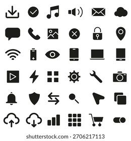 Un conjunto de iconos planos negros para aplicaciones e interfaces móviles. 