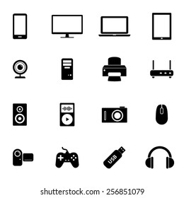 Set of black flat icons - PC hardware, computer parts and electronic devices