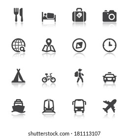 Set of black flat icons with reflection about travel