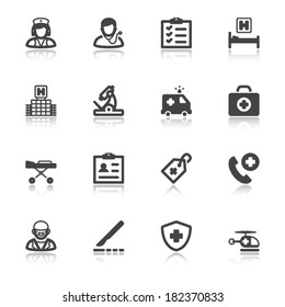 Set of black flat icons with reflection about healthcare. Hospital and emergency.