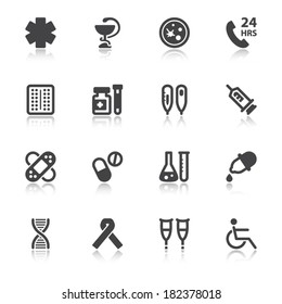 Set of black flat icons with reflection about health. Pharmacy