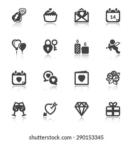 Set of black flat icons with reflection about Valentines Day