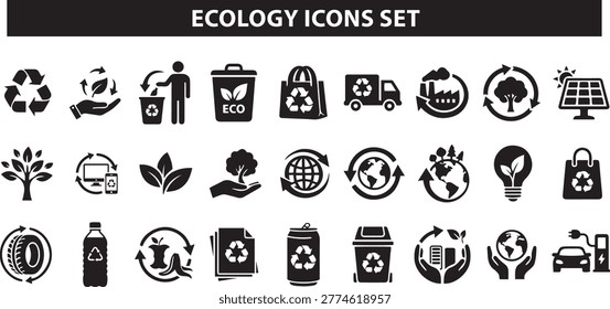A set of black flat icons representing various aspects of ecology, recycling, sustainability, and environmental conservation