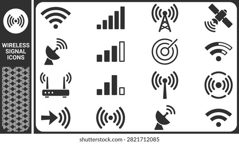A set of black flat icons representing various wireless signal strengths, network connections, and radio wave transmission on a white background.