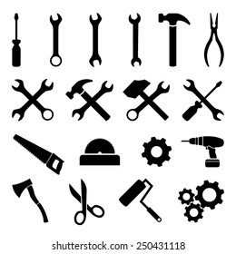 Set of black flat icons - tools, technology and work