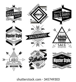 Set of black flat, lane hipster vintage retro labels, stamps, signs, marks and calligraphy, text and stickers for web, abstract banners, sale and shares, cafe stamps and music advertising, traveling