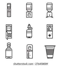 Set of black flat line design vector icons for water cooler elements on white background.