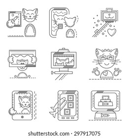 Set of black flat line icons for cat selfie. Funny cat, friends, portrait, selfie stick, phone camera and other photo fun variations for website or mobile app