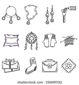 Set of black flat line vector icons for handmade gifts or souvenirs on white background