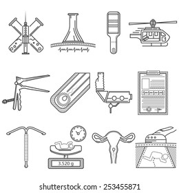 Set of black flat line vector icons for obstetrics and gynecology on white background.