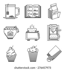 Set of black flat line vector icons for breakfast menu on white background