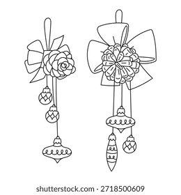 Satz von schwarzen flachen Umriss Weihnachten hängende Ornamente mit nach vorne gerichteten Kiefernzapfen, dekorative Bögen mit Neujahrsspielzeug. Dekorationen zum Färben von Seiten, Feiertagspostkarten, Designmaterialien.