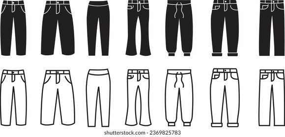 Satz von schwarzen flachen Pant-Symbolen. Jogger-Hosen im unterschiedlichen Stil oder Hosen Symbol einfache Silhouette mit bearbeitbaren Stock-Symbole Sammlung einzeln auf transparentem Hintergrund. 