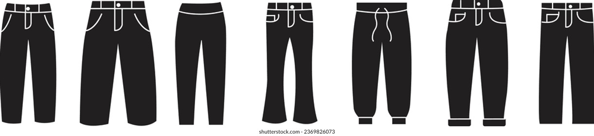 Satz von schwarzen flachen Pant-Symbolen. Jogger-Hosen in verschiedenen Stilen oder Hosen Symbol einfache Silhouette-Icons Sammlung einzeln auf transparentem Hintergrund. Jeans-Kleidungssymbol und -logo.