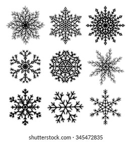 Set of black flat paper snowflakes isolated on white background. Christmas vector illustration.