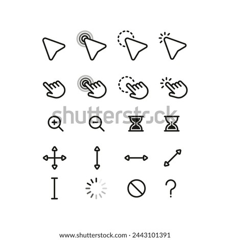 A set of black flat simple cursor icons. Minimalistic flat mouse cursor, pointer, hand, zoom in, zoom out.