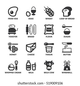 Set of black flat symbols about dairy egg bread and sugar