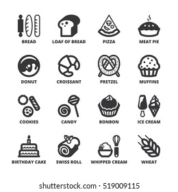 Set of black flat symbols about bakery