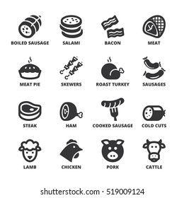 Set of black flat symbols about meat.