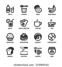 Set of black flat symbols about breakfast.